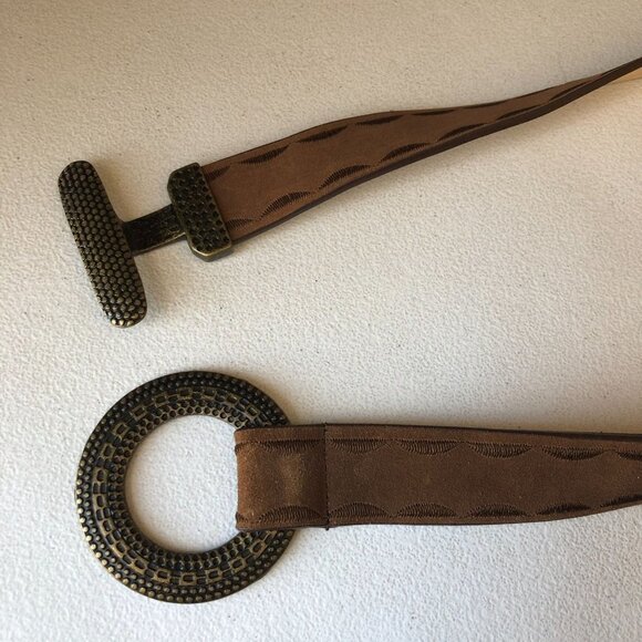 Brown Genuine Leather Hook And Loop Belt Women Medium Embroidered Stitching - Picture 5 of 10